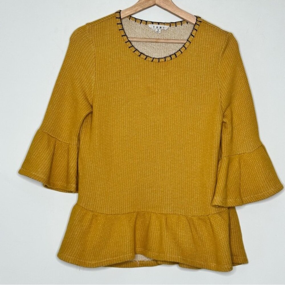 THML Womens Medium Mustard Yellow Peplum Pullover Top 3/4 Bell Sleeves